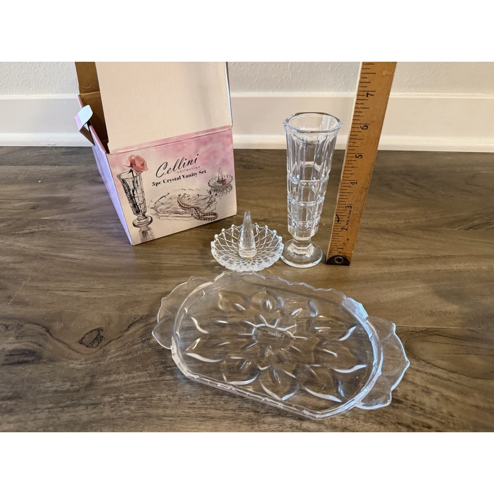 Cellini collection stydio crystal 3 pc Crystal Vanity Set Bud Vase Ring Holder - Picture 9 of 9